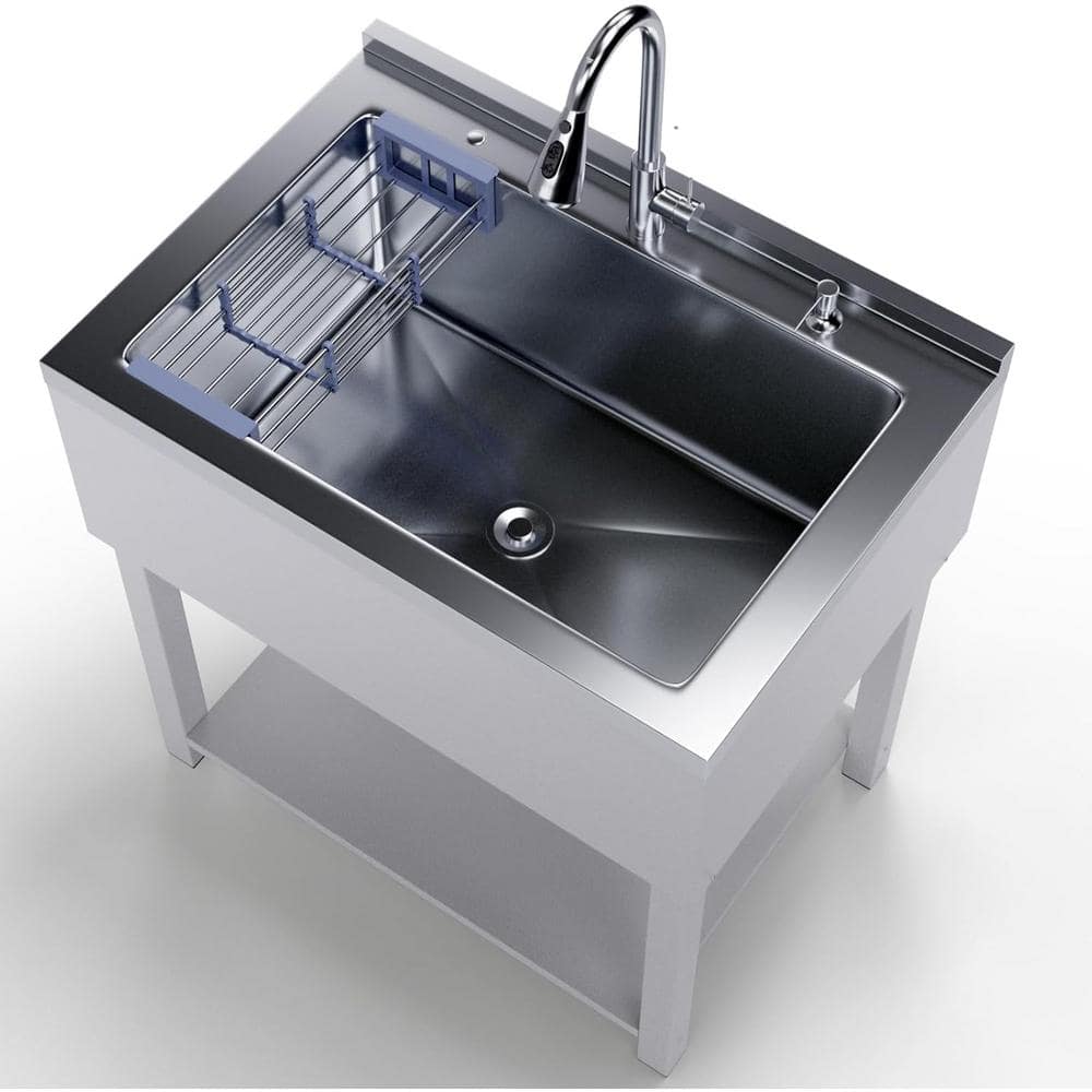 Adrinfly 20 in. D x 36 in. W Freestanding Stainless Steel Utility Sink in White with Faucet, Cold/Hot Water Hoses and Drain Kit