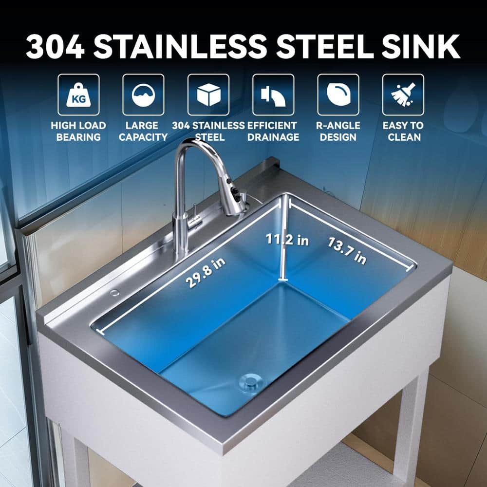 Adrinfly 20 in. D x 36 in. W Freestanding Stainless Steel Utility Sink in White with Faucet, Cold/Hot Water Hoses and Drain Kit
