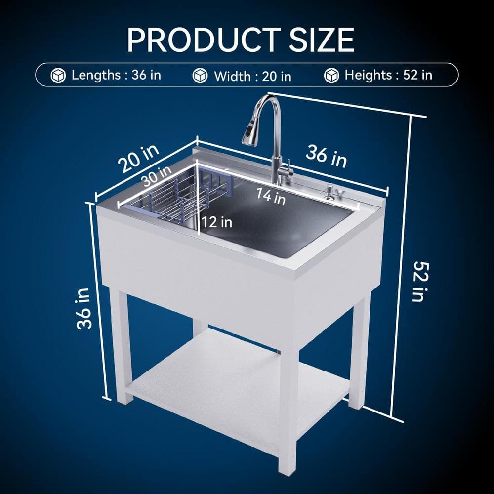 Adrinfly 20 in. D x 36 in. W Freestanding Stainless Steel Utility Sink in White with Faucet, Cold/Hot Water Hoses and Drain Kit