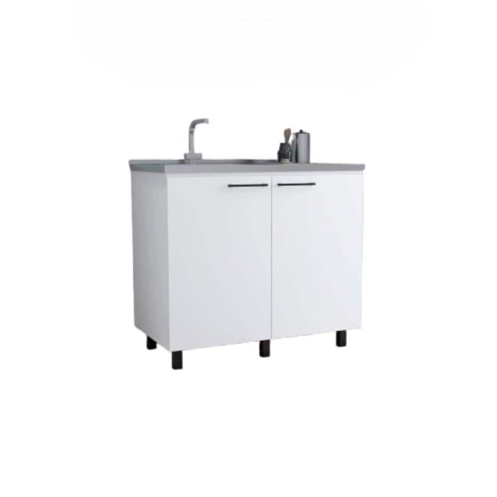 Adrinfly 39.40 in. D x 20.70 in. W Undermount Stainless Steel White Utility Sink with 2-Doors, 2-Shelves and Large Countertop