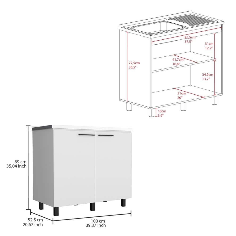 Adrinfly 39.40 in. D x 20.70 in. W Undermount Stainless Steel White Utility Sink with 2-Doors, 2-Shelves and Large Countertop
