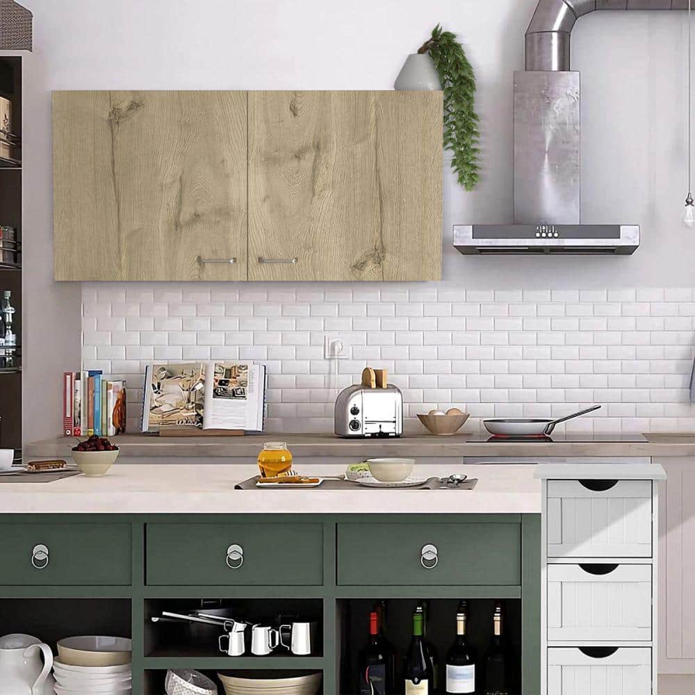 Amucolo 39.3 in. W x 12.6 in. D x 19.3 in. H White and Light Oak Wood Ready to Assemble Wall Kitchen Cabinet with Double Doors