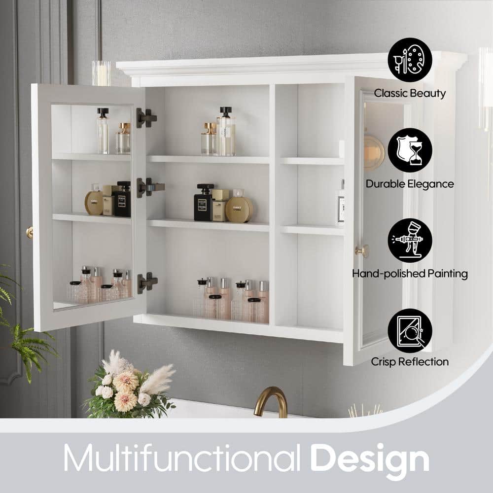 ANGELES HOME 40 in. W x 30 in. H Rectangular Solid Wood Wall Mount Medicine Cabinet with Mirror, 2-Soft-Closed Door,Easy Hang, White