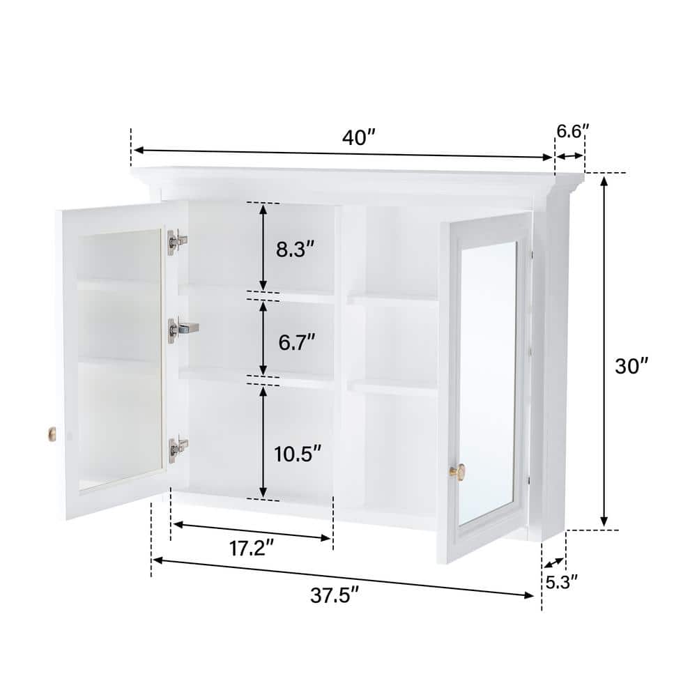ANGELES HOME 40 in. W x 30 in. H Rectangular Solid Wood Wall Mount Medicine Cabinet with Mirror, 2-Soft-Closed Door,Easy Hang, White