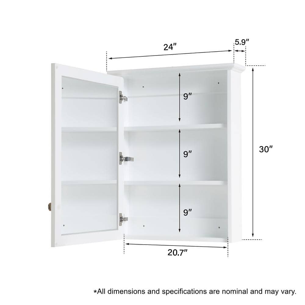 ANGELES HOME 24 in. W x 30 in. H Medium Rectangular White Solid Wood Frame Surface Mount Soft Close Medicine Cabinet with Mirror