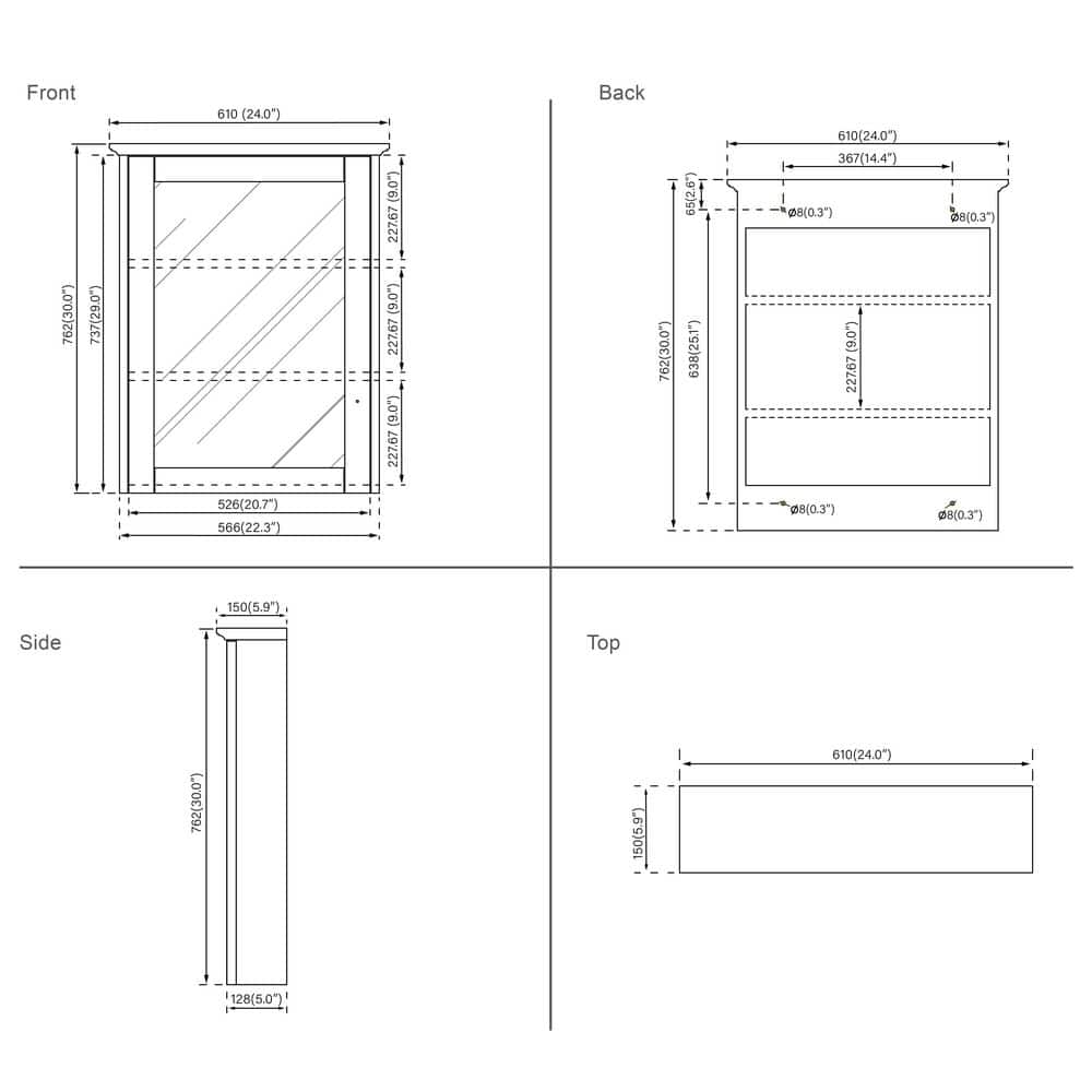 ANGELES HOME 24 in. W x 30 in. H Medium Rectangular White Solid Wood Frame Surface Mount Soft Close Medicine Cabinet with Mirror