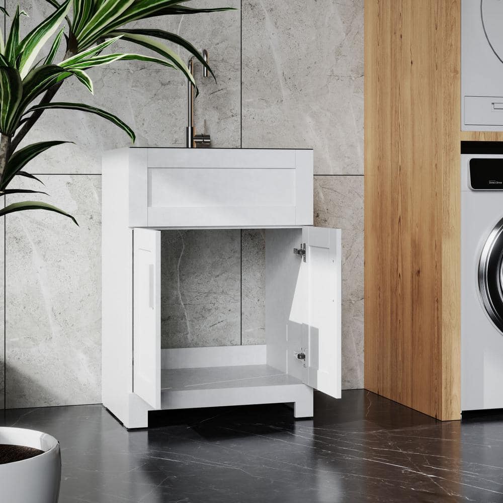 ANGELES HOME 24 in. White Paint-Free Laundry Tub Cabinet with Stainless Steel Combo