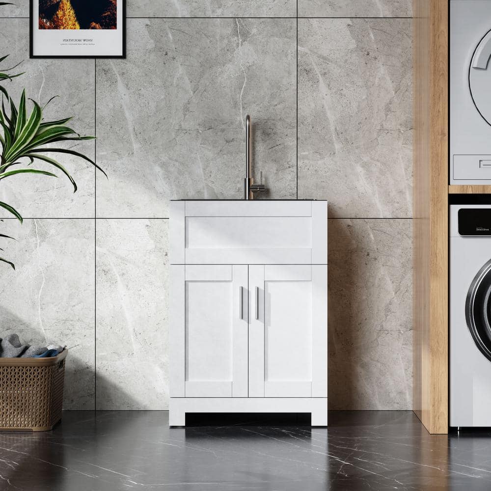 ANGELES HOME 24 in. White Paint-Free Laundry Tub Cabinet with Stainless Steel Combo