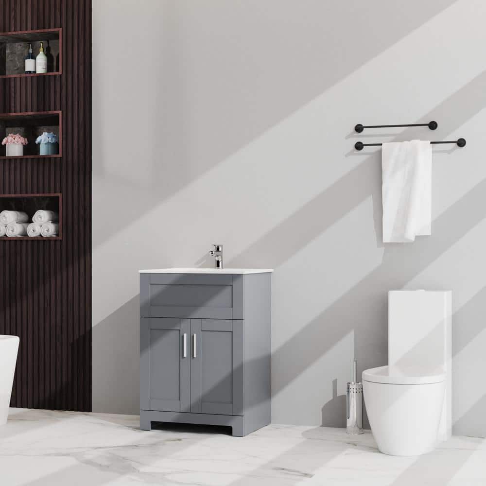 ANGELES HOME 24-inch Gray MDF Bathroom Vanity with Drop-in Laundry Sink and Cabinet