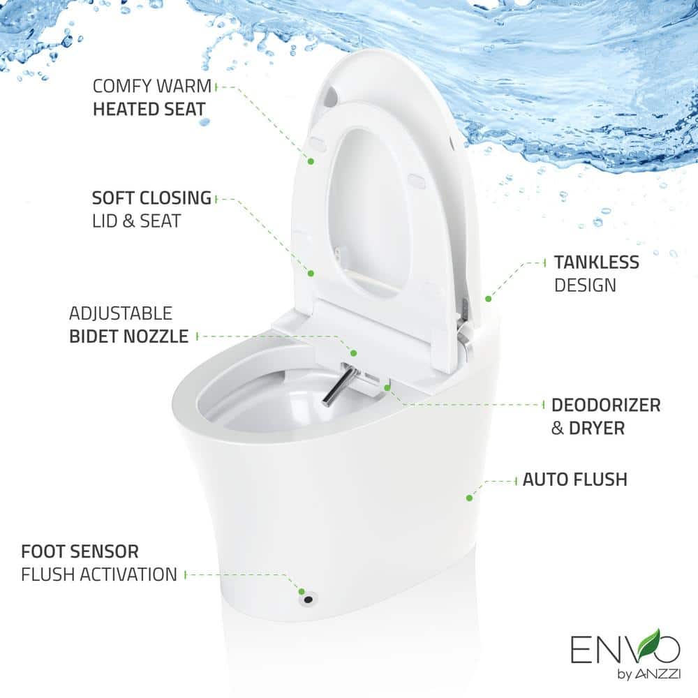 ANZZI ENVO Aura Smart Bidet Toilet with Remote Control, Auto Flush, Heated Seat, and Deodorizer in White