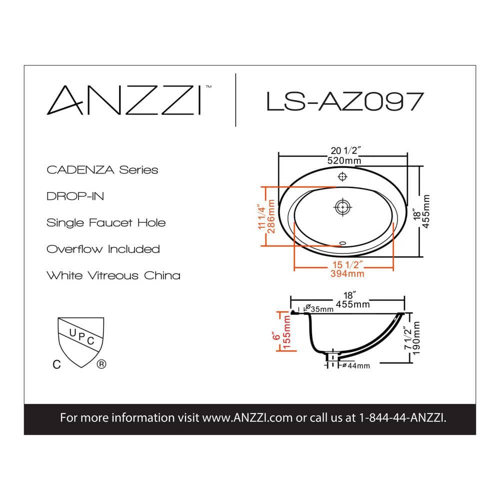 ANZZI Cadenza Series 20.5 x 18 in. Vitreous China Drop-In Bathroom Sink Basin, 7.5 in. Bowl Depth, White