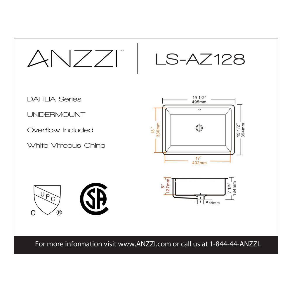 ANZZI Dahlia Series 7.25 in. Ceramic Undermount Bathroom Sink Basin in White