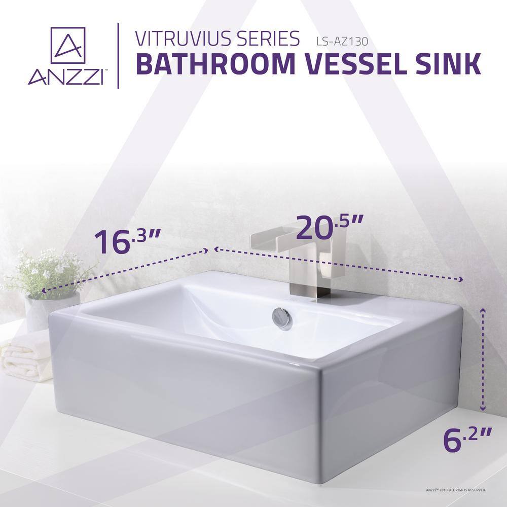 ANZZI Vitruvius Series Ceramic Vessel Sink, Rectangular, 20.5 in. x 16.3 in., Glossy White