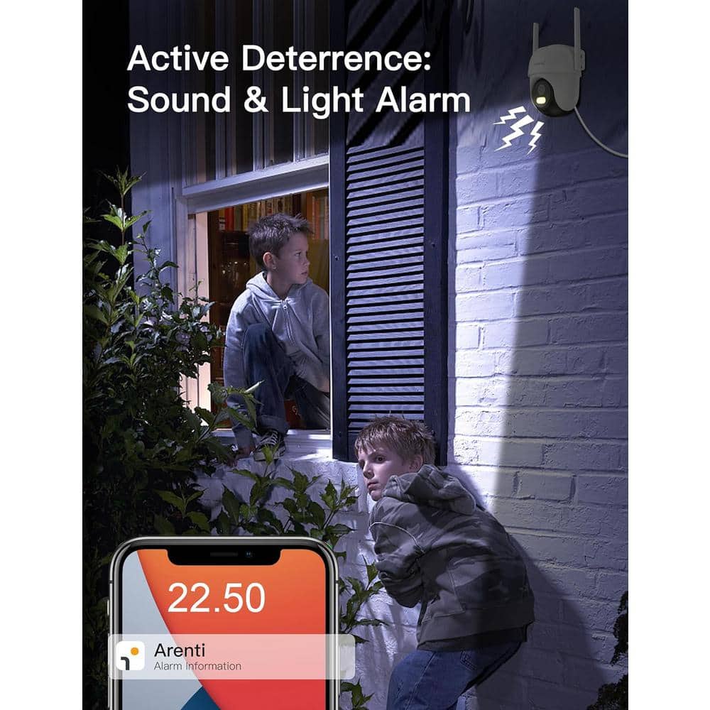 ARENTI 4MP Home Hardwired Surveillance WiFi Camera, Pan/Tilt, 2.4G/5GHz Bands, Night Vision, Sound/Light Alarm, AI Filtering