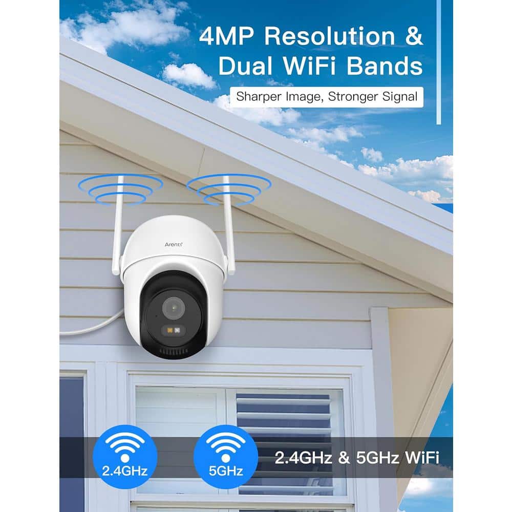 ARENTI 4MP Home Hardwired Surveillance WiFi Camera, Pan/Tilt, 2.4G/5GHz Bands, Night Vision, Sound/Light Alarm, AI Filtering