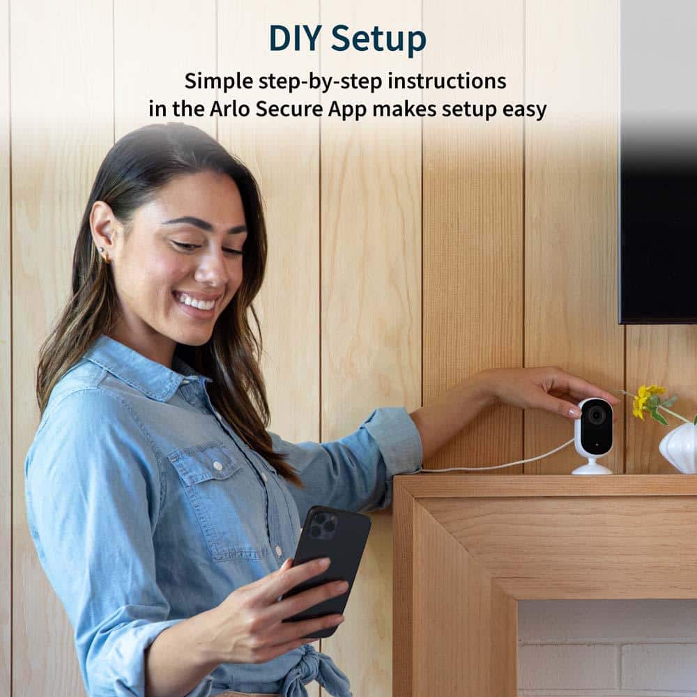 Arlo Essential Wireless Indoor Security Camera 2K (2nd Gen) with Privacy Shield, Night Vision, and Integrated Siren - White