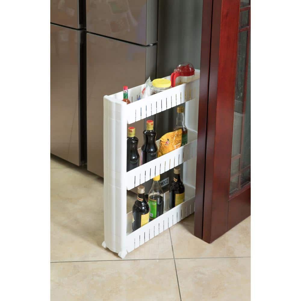 Basicwise Ready to Assemble 5 in. x 21 in. x 28.25 in. Plastic Pantry Storage Kitchen Cabinet 3-Shelf Cart Rack Tower Wheels White