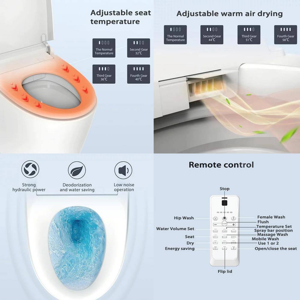 Unbranded Elongated Smart Toilet with Bidet, Adjustable Sprayer, and Auto Features - White