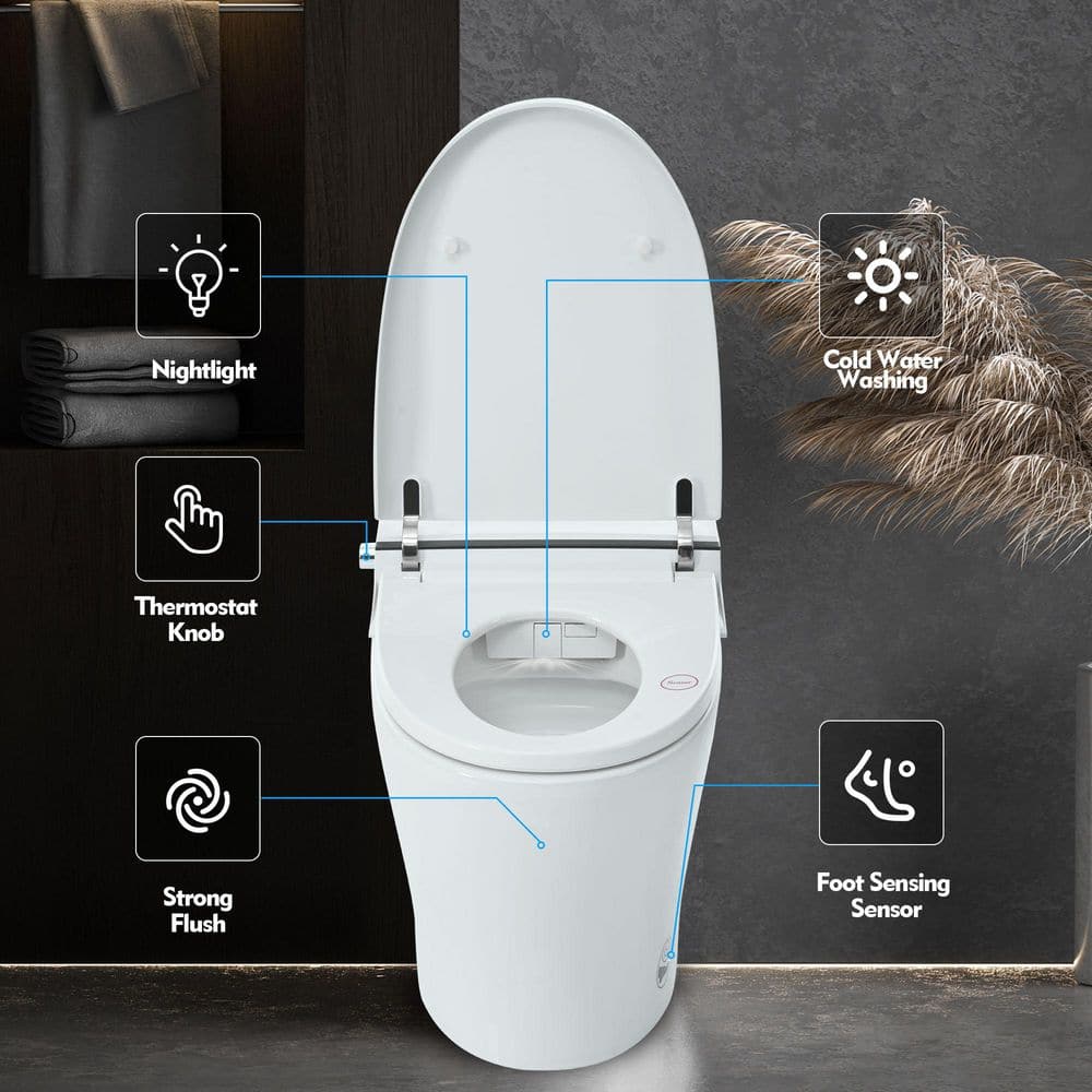 Smart Bidet Toilet with Foot Sensor Flush - 1/1.28 GPF, Knob Control, Light, Soft Close