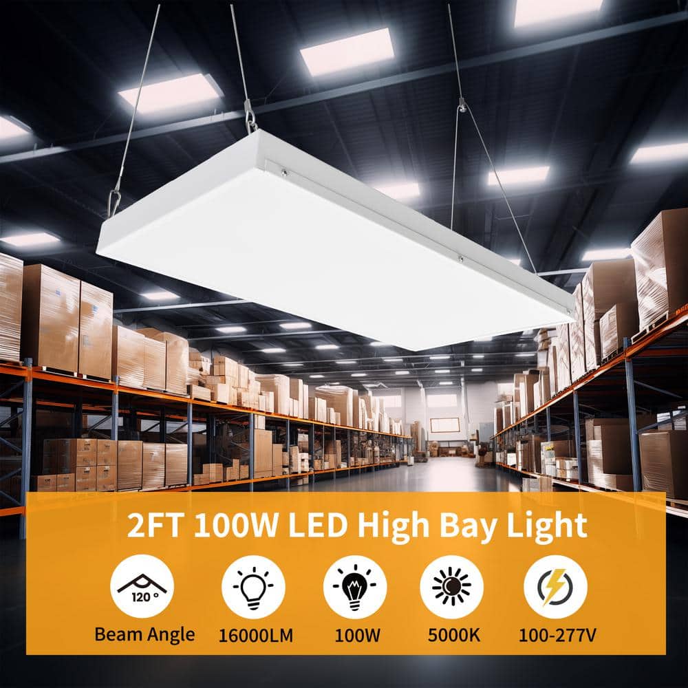 Bieuoram 2ft 400-Watt-Equivalent Integrated LED White High Bay Light 5000K Industrial Workshop Linear Hanging Light （2 Pack）