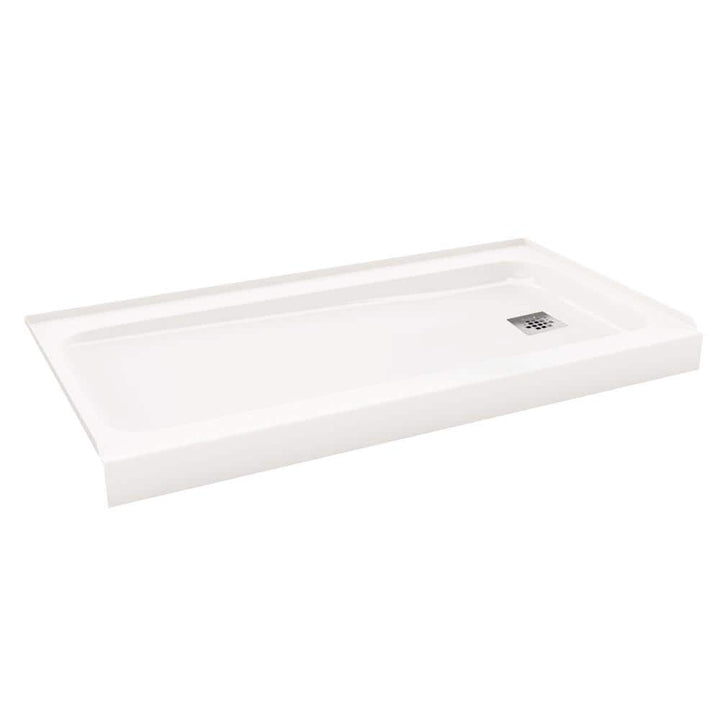 ShowerCast 60 in. x 30 in. Single Threshold Shower Pan in White with Modern Square Chrome Shower Drain Cover Right Drain
