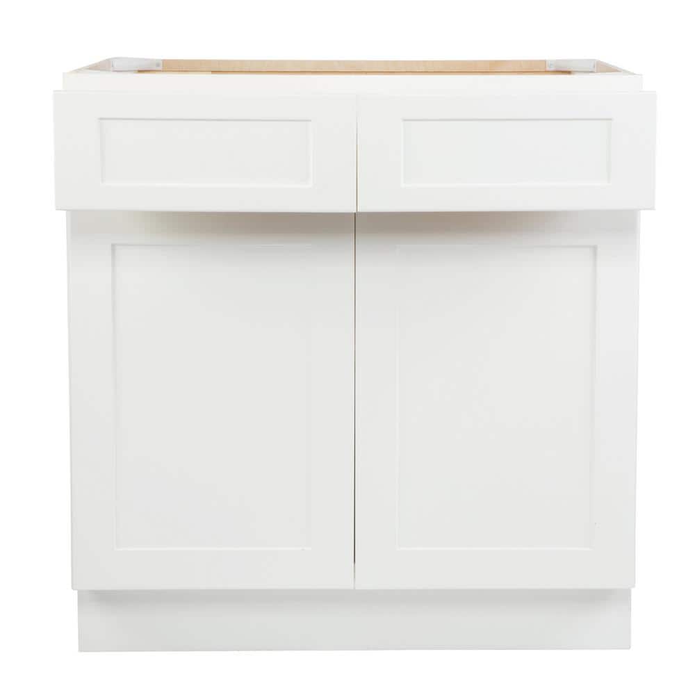 Bremen Cabinetry Bremen Shaker Ready to Assemble 33 x 34.5 x 24 in. Base Cabinet with 2 Doors and 2 Drawers in White