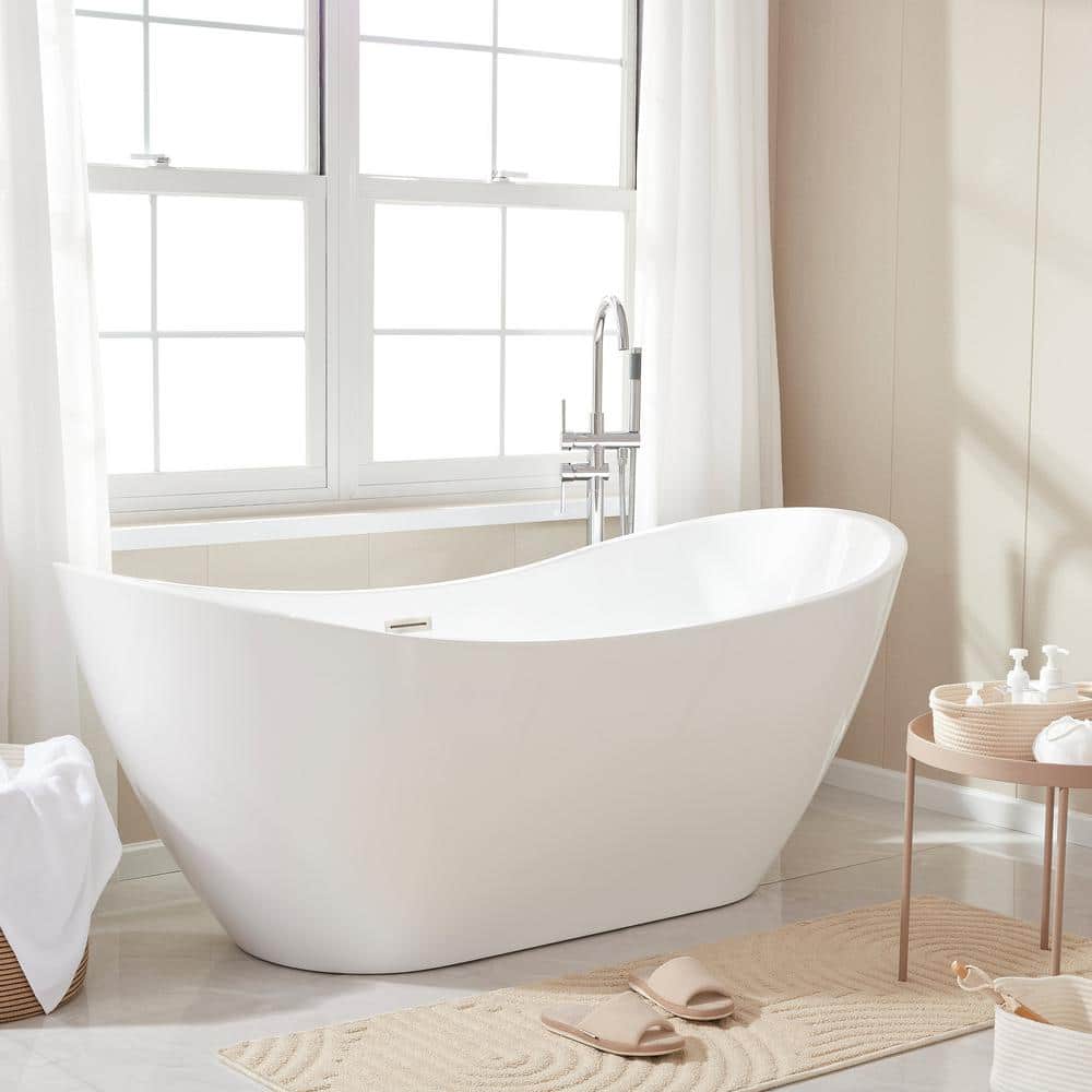 Vanity Art 71 in. Acrylic Flatbottom Freestanding Bathtub in White/Brushed Nickel