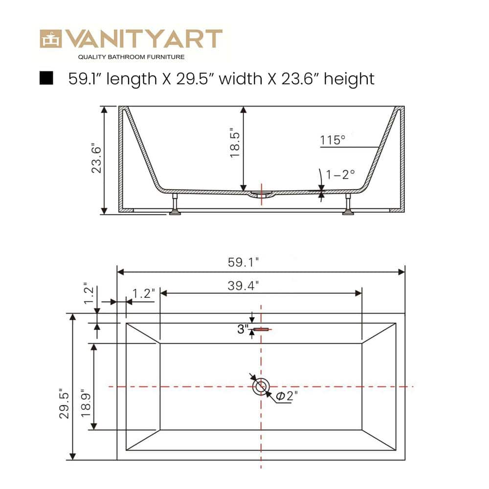 Vanity Art Talence 59 in. Acrylic Flatbottom Freestanding Bathtub in White/Brushed Nickel