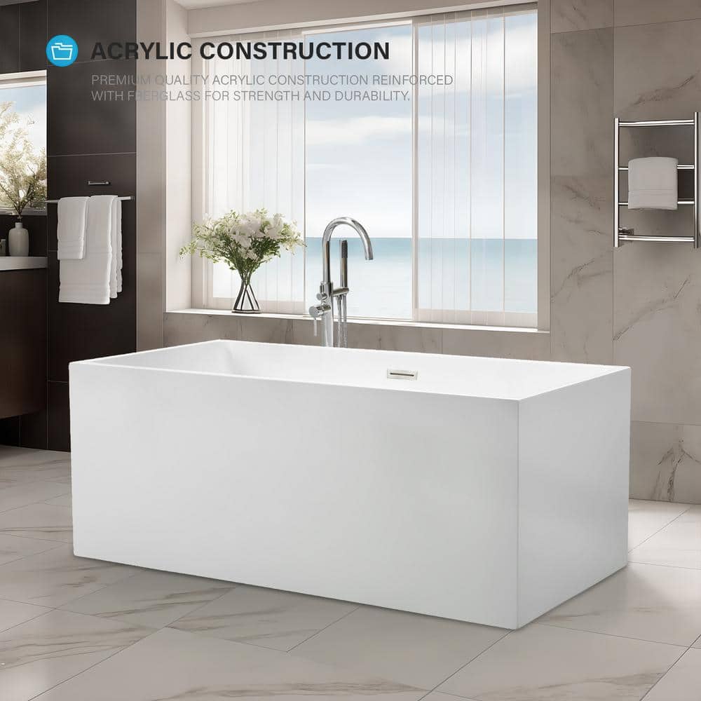 Vanity Art Talence 59 in. Acrylic Flatbottom Freestanding Bathtub in White/Brushed Nickel