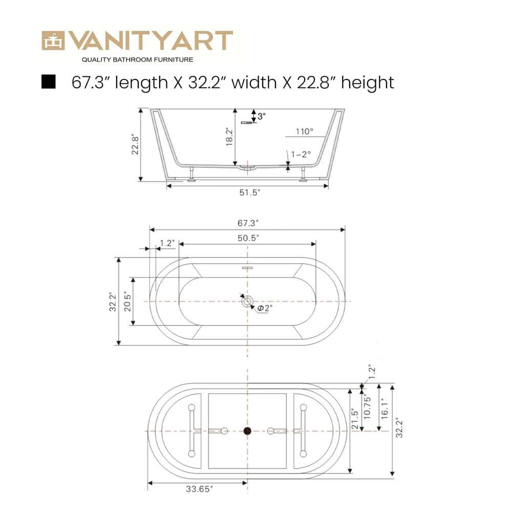 Vanity Art Domme 67 in. Acrylic Flatbottom Freestanding Non-Slip Bathtub in White/Brushed Nickel