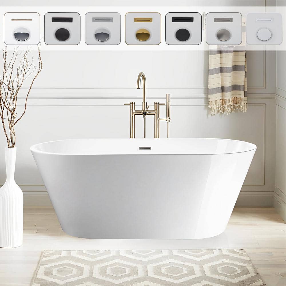 Vanity Art Domme 67 in. Acrylic Flatbottom Freestanding Non-Slip Bathtub in White/Brushed Nickel
