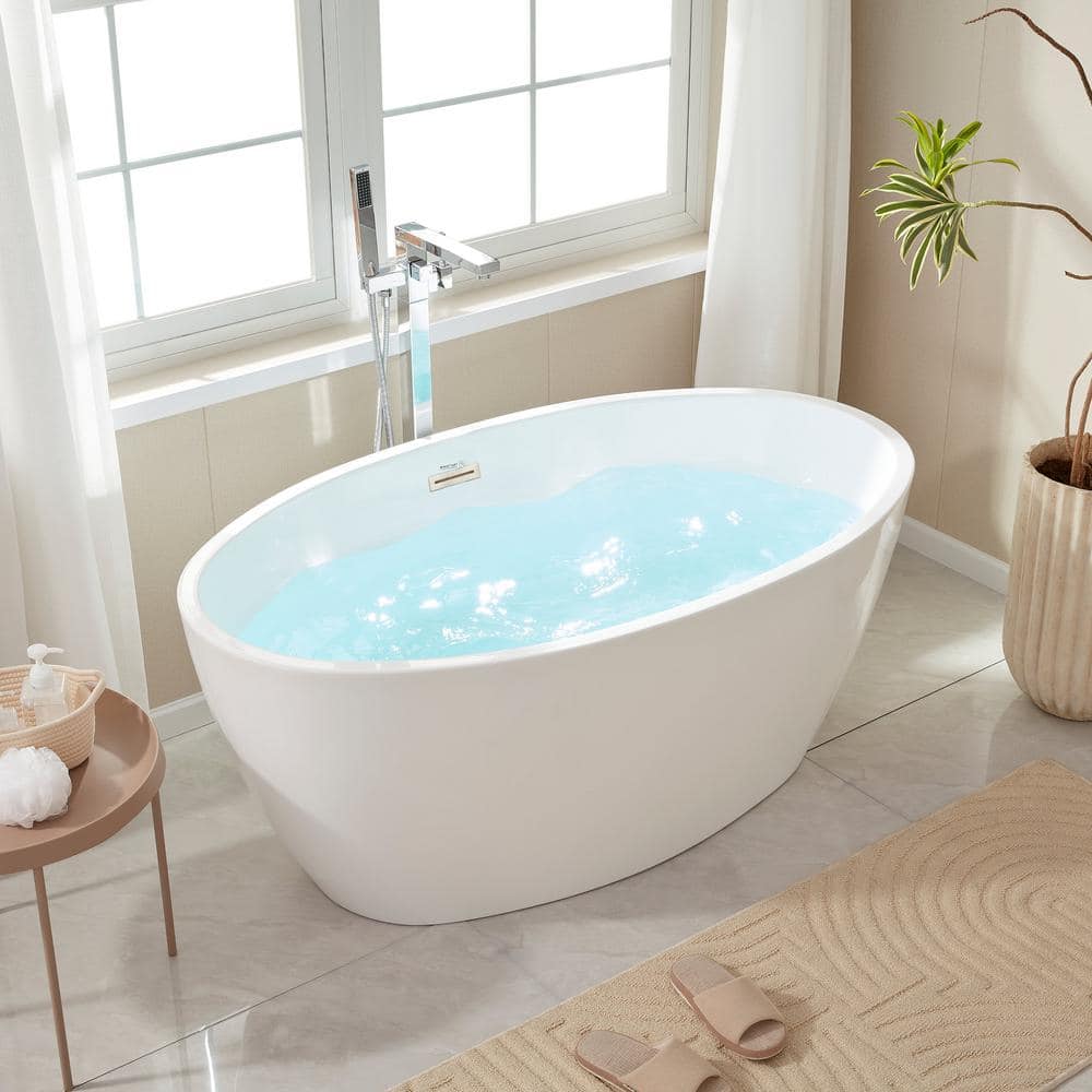 Vanity Art Calais 55 in. L x 32 in. W Acrylic Flatbottom Freestanding Bathtub with Center Drain in White/Brushed Nickel