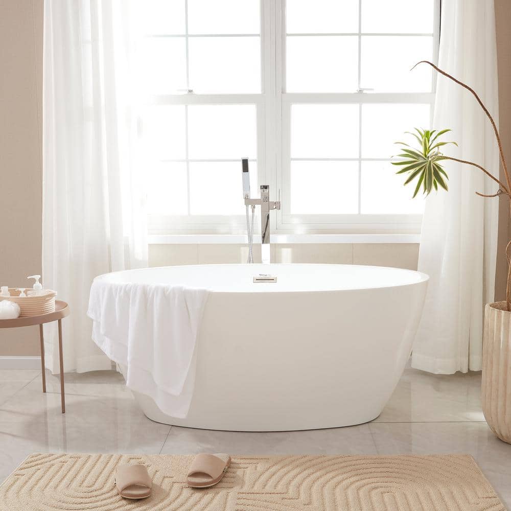 Vanity Art Calais 55 in. L x 32 in. W Acrylic Flatbottom Freestanding Bathtub with Center Drain in White/Brushed Nickel