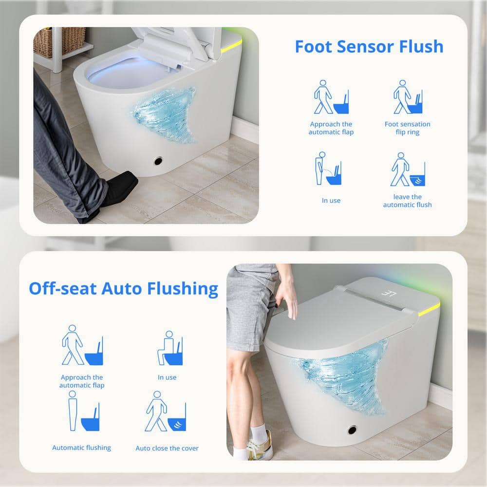 Relyblo Elongated Smart Bidet Toilet with Adjustable Sprayer, Built-In Aromatherapy, Foot Sensor