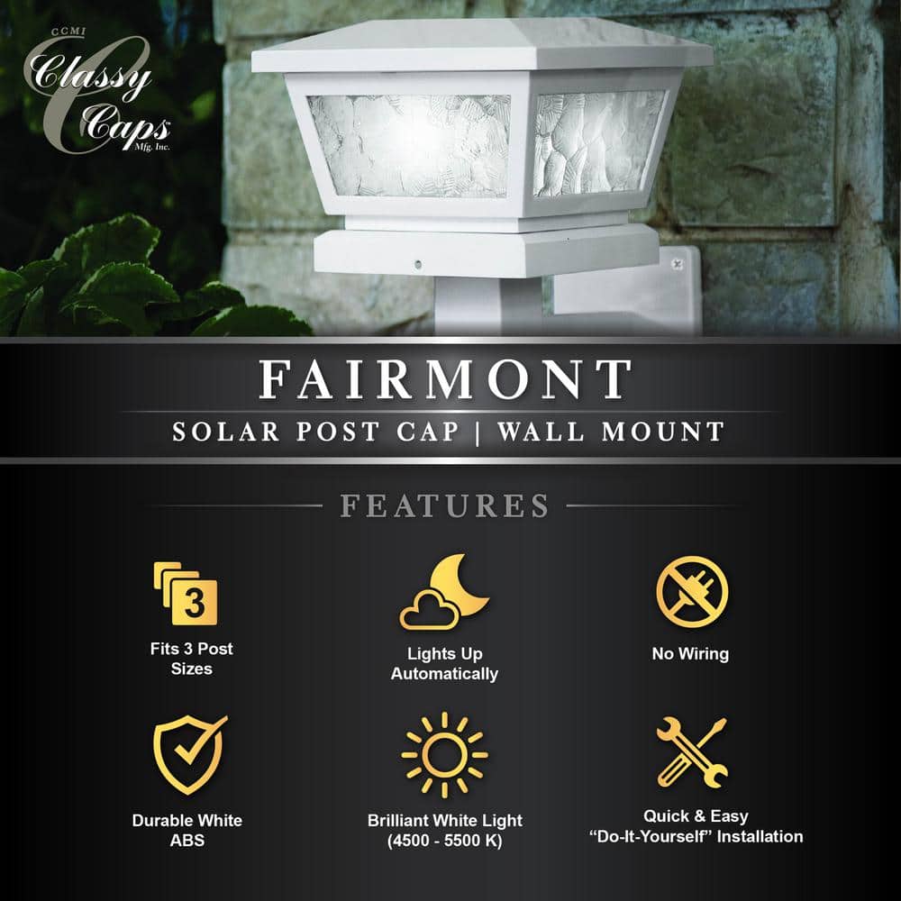 CLASSY CAPS 5 in. x 5 in./ 4 in. x 4 in. White ABS Outdoor Fairmont Solar Post Cap (2-Pack)