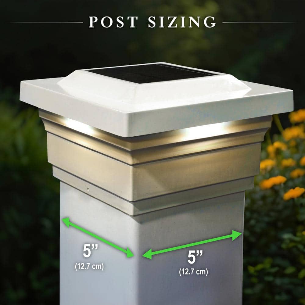 CLASSY CAPS Majestic 5 in. x 5 in. Outdoor White Vinyl LED Solar Post Cap (2-Pack)