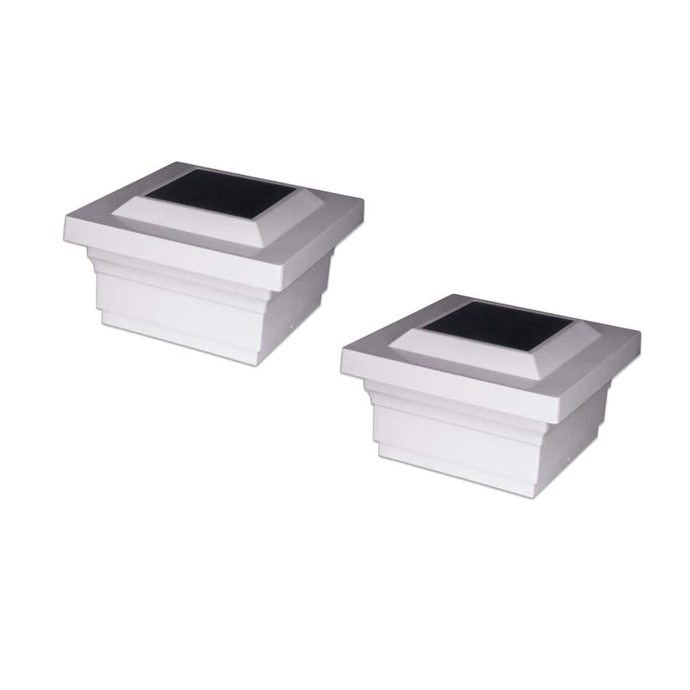 CLASSY CAPS Majestic 5 in. x 5 in. Outdoor White Vinyl LED Solar Post Cap (2-Pack)
