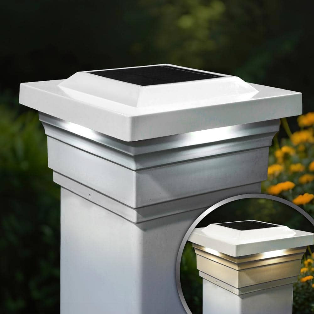 CLASSY CAPS Majestic 5 in. x 5 in. Outdoor White Vinyl LED Solar Post Cap (2-Pack)