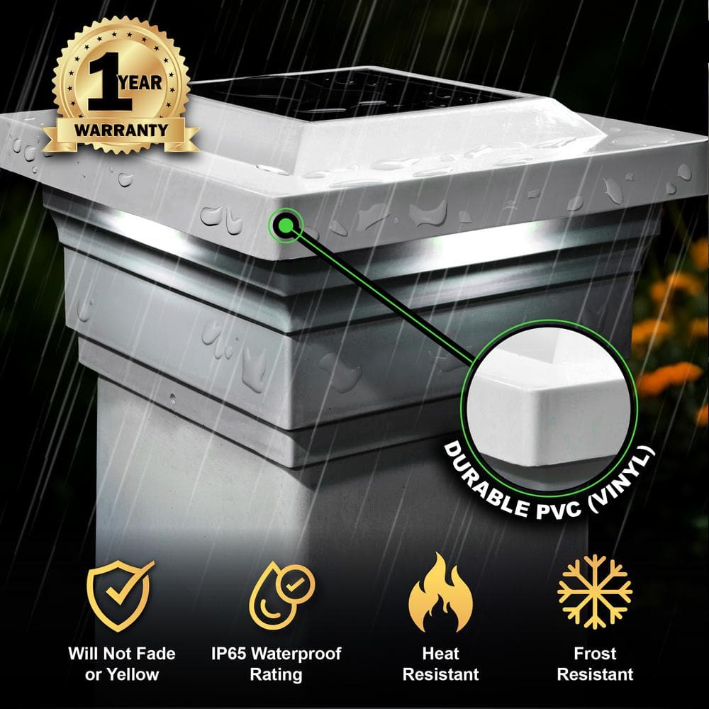 CLASSY CAPS Majestic 5 in. x 5 in. Outdoor White Vinyl LED Solar Post Cap (2-Pack)