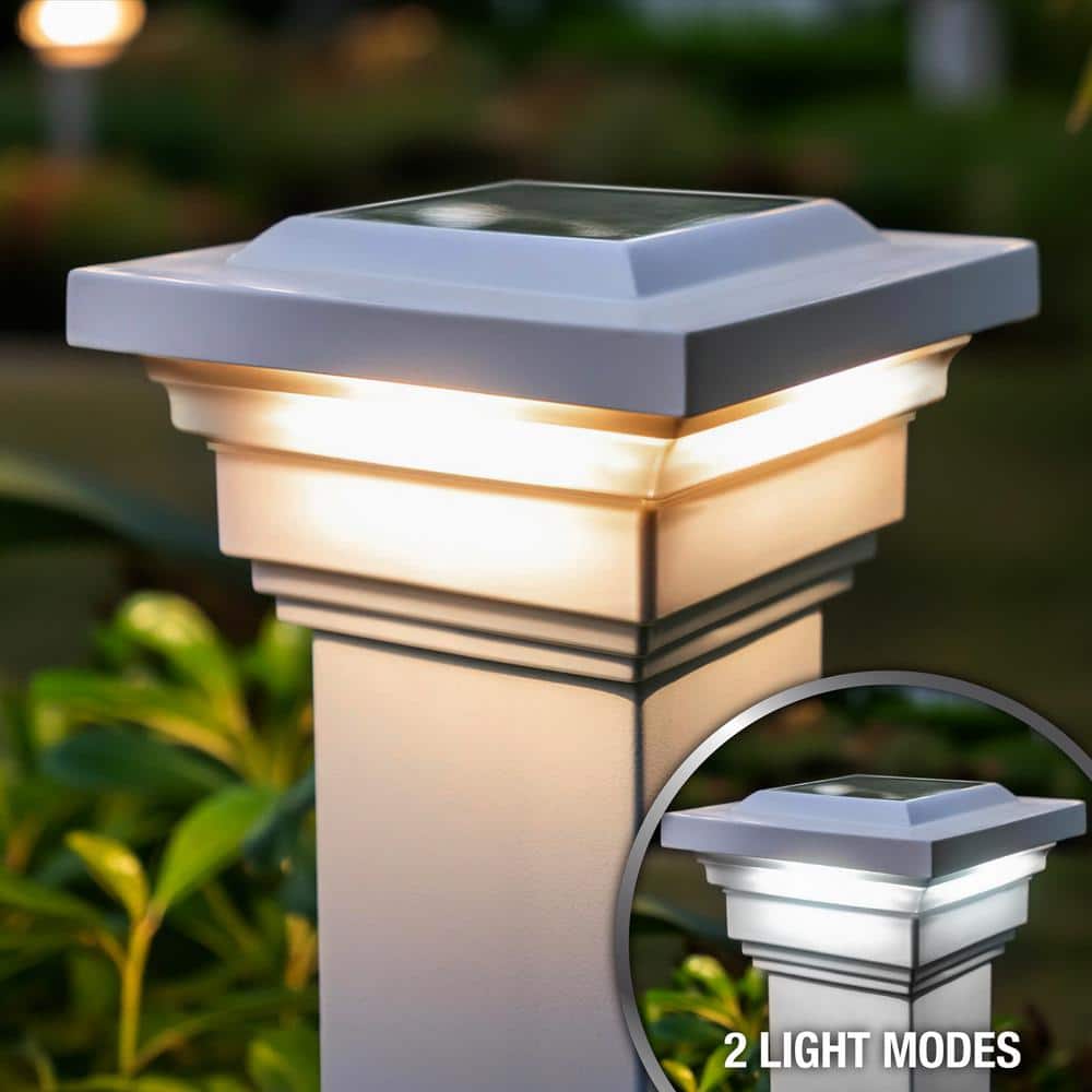 CLASSY CAPS Regal 4 in. x 4 in. Outdoor White Vinyl LED Solar Post Cap (2-Pack)