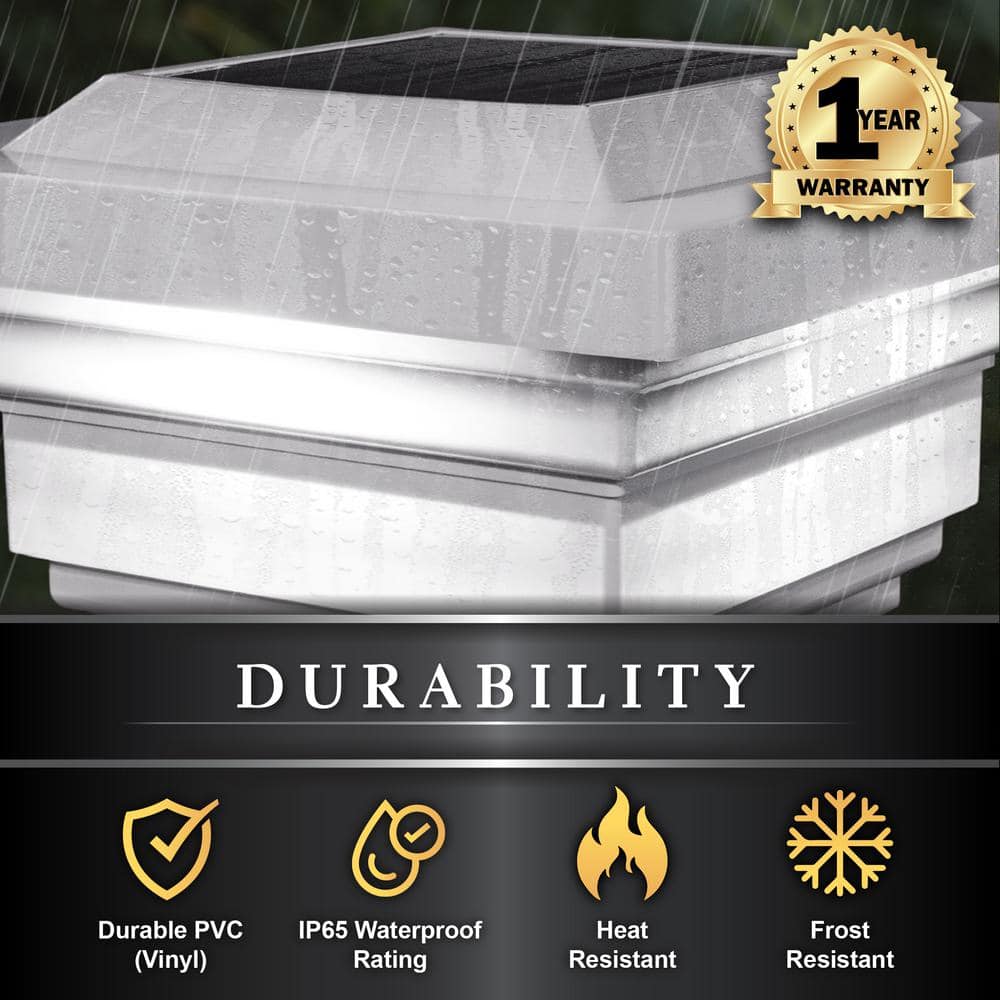 CLASSY CAPS Regal 4 in. x 4 in. Outdoor White Vinyl LED Solar Post Cap (2-Pack)