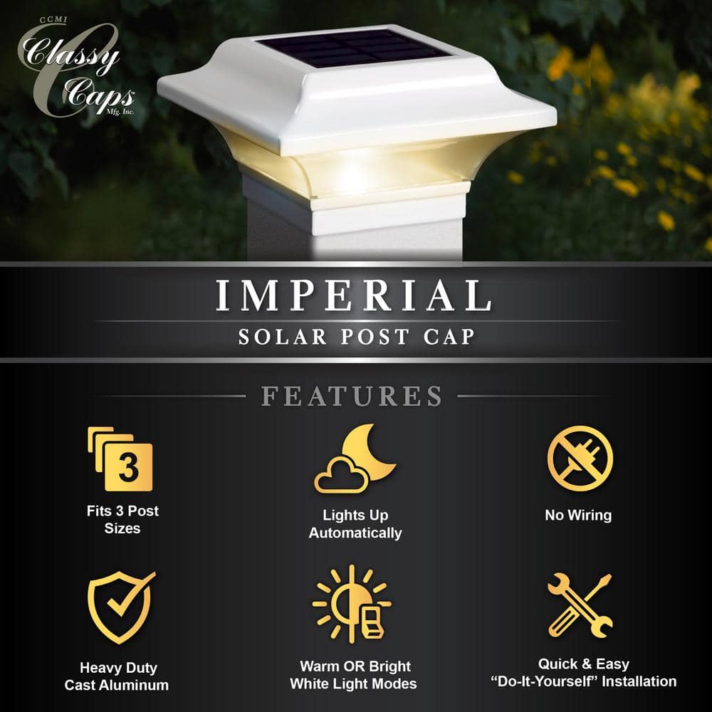 CLASSY CAPS Imperial 2.5 in. x 2.5 in. Outdoor White Cast Aluminum LED Solar Post Cap (2-Pack)