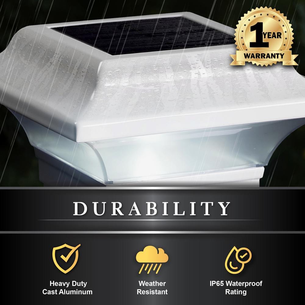 CLASSY CAPS Imperial 2.5 in. x 2.5 in. Outdoor White Cast Aluminum LED Solar Post Cap (2-Pack)