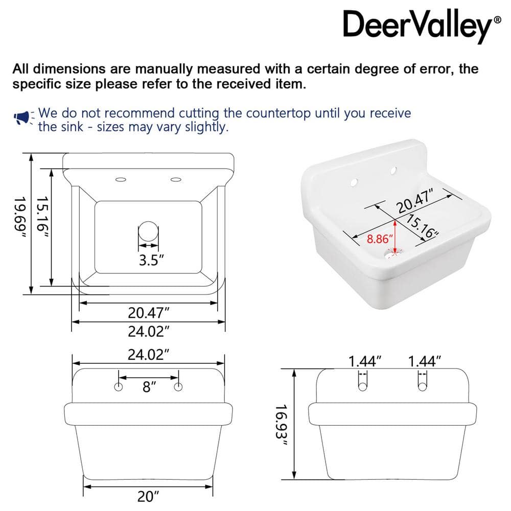 DEERVALLEY 10 Gallon Ceramic Wall Mount Laundry Utility Sink with Basket Strainer