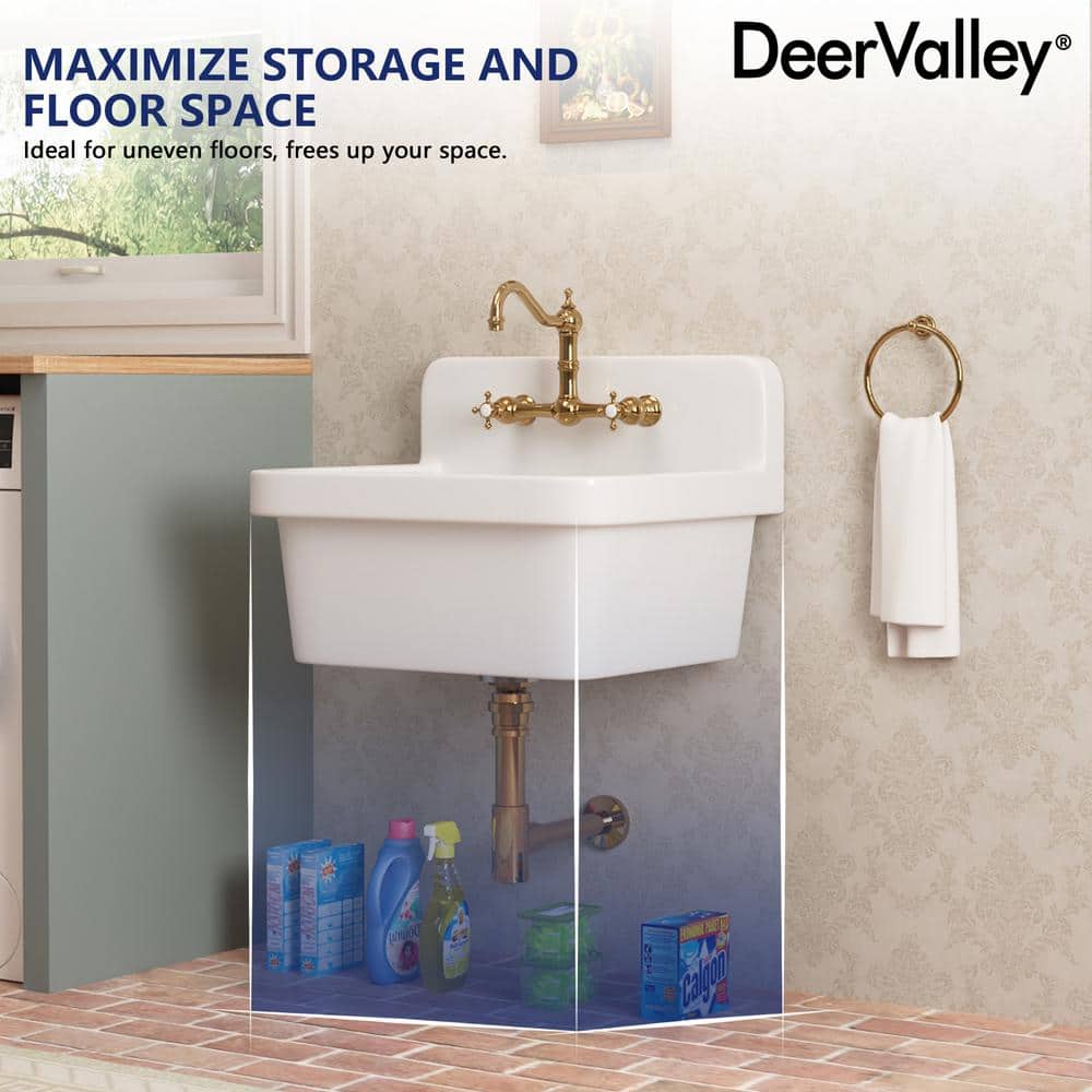 DEERVALLEY 10 Gallon Ceramic Wall Mount Laundry Utility Sink with Basket Strainer