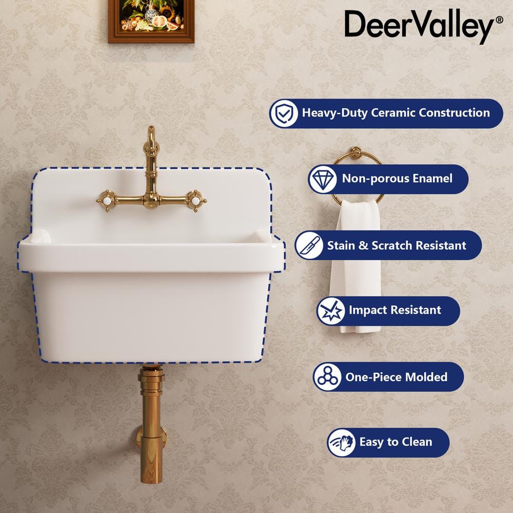 DEERVALLEY 10 Gallon Ceramic Wall Mount Laundry Utility Sink with Basket Strainer