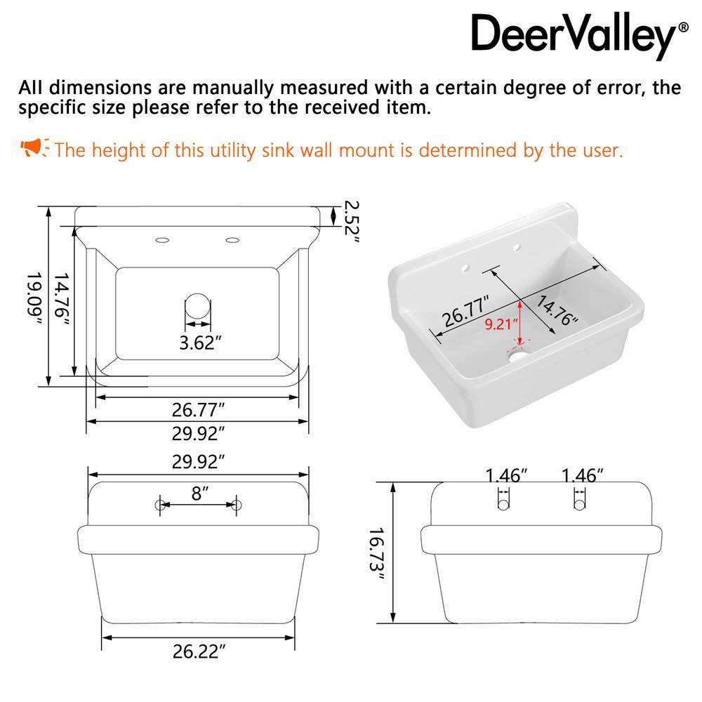 DEERVALLEY 30 in. Wall Mount Laundry/Utility Sink, White Single Bowl