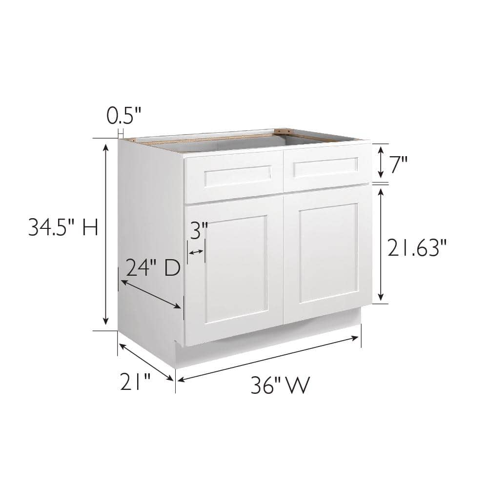 Design House Brookings Solid Wood Assembled Shaker 36 in. x 34.5 in. x 24 in. 2 Door 2 Drawer Base Kitchen Cabinet B36 in White