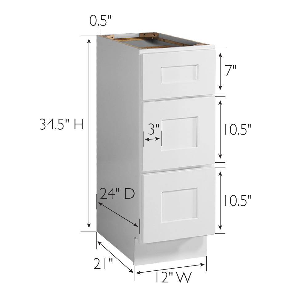 Design House Brookings Solid Wood Assembled Shaker 12 in. x 34.5 in. x 24 in. 3 Drawer Base Kitchen Cabinet 3DB12 in White