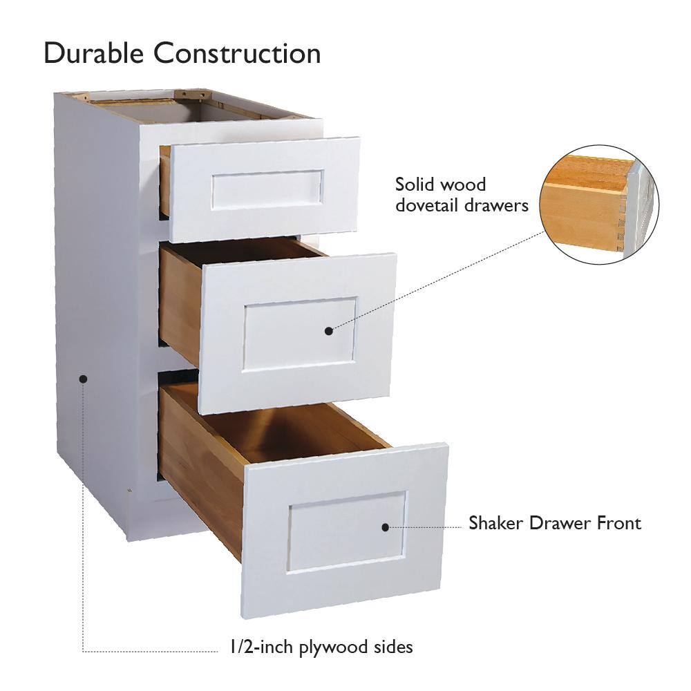 Design House Brookings Solid Wood Assembled Shaker 12 in. x 34.5 in. x 24 in. 3 Drawer Base Kitchen Cabinet 3DB12 in White